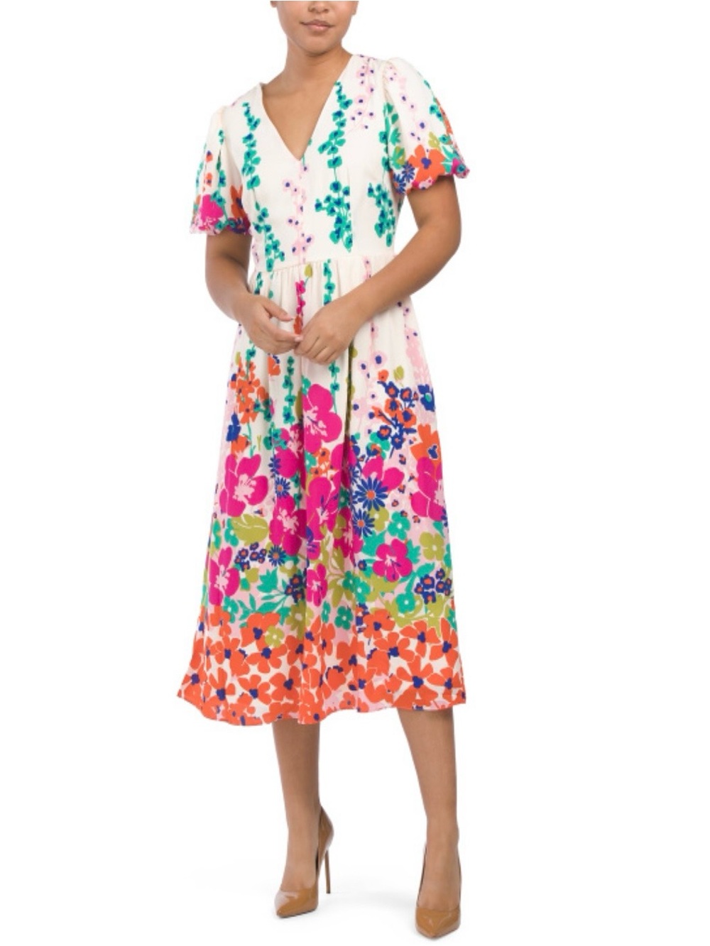 Colorful/Multicolor Floral V-Neck Midi Dress with Puff Sleeves - Cream/Ecru